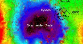 A topographic map of Spirit's surroundings at Troy, showing the robot perched on the rim of the Scamander Crater