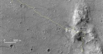 The locations of Spirit's landing site, Husband summit, Comanche and Troy, are shown here on a portion of an image taken by the HiRISE camera on the MRO