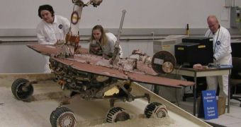 The test rover is seen here lying in the same type of soil that currently traps Spirit on Mars