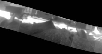 This is the panoramic image that Spirit's mission controllers are working with to see if the protruding mold in the center picture is a rock or simply dust