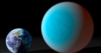 This artists concept contrasts our familiar Earth with the exceptionally strange planet known as 55 Cancri e