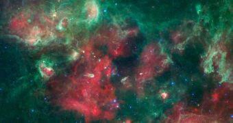 A bubbling cauldron of star birth is highlighted in this new image from NASA's Spitzer Space Telescope