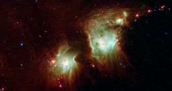 The NASA Spitzer Space Telescope exposes the depths of this dusty nebula with its infrared vision, showing stellar infants that are lost behind dark clouds when viewed in visible light