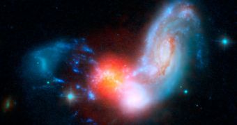 The collision of two spiral galaxies, has triggered this luminous starburst, the brightest ever seen taking place far away from the centers of merging galaxies