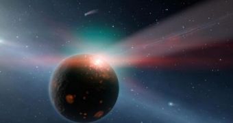 Artist's illustration of comet impacts taking place in the Eta Corvi planetary system