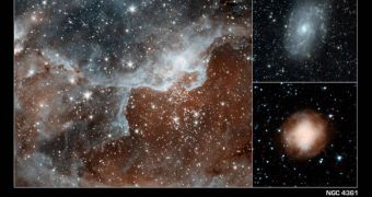 Left: the stellar nursery in the Cygnus region; upper right: the NGC 4145 galaxy; lower right: the dying star called NGC 4361