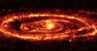 A complete infra-red picture of the galaxy Andromeda, taken by the Spitzer space telescope