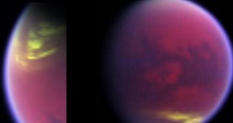 This pair of false-color images shows clouds covering parts of Saturn's moon Titan in yellow