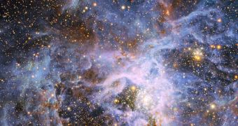 Image showing a part of the star-forming region around the Tarantula Nebula in the Large Magellanic Cloud. At the exact center of the view lies the brilliant, but isolated. star VFTS 682