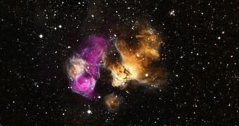 Chandra data (purple) complete this image of the HII region called DEM L241