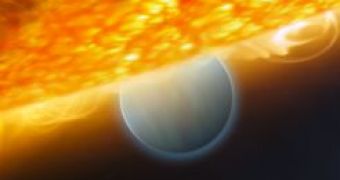 An artist's impression of the Jupiter-size extrasolar planet, HD 189733b, being eclipsed by its parent star