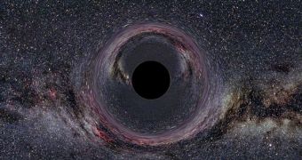 A simulated Black Hole of ten solar masses as seen from a distance of 600km with the Milky Way in the background
