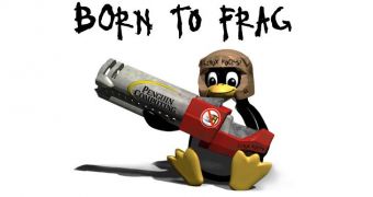 Tux "Born to Frag", the Linux Penguin armed with a Bazooka