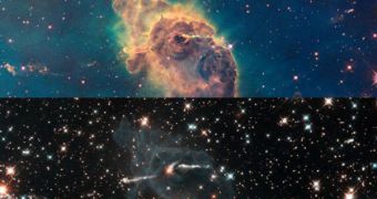 A stellar nursery, viewed in visible wavelengths (top) and infrared (bottom)