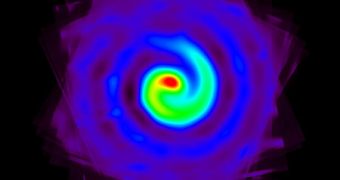 Composite image showing the spiral of material created by the unstable binary system