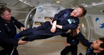 Hawking in 2007, defying gravity inside a Zero G airplane that can simulate weightlessness for short periods of time