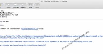 Screenshot of an email conversation showing Steve Jobs' stance on Mac death rumors