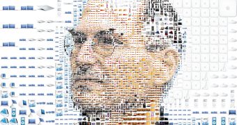 Steve Jobs portrait made entirely from Apple products and logos