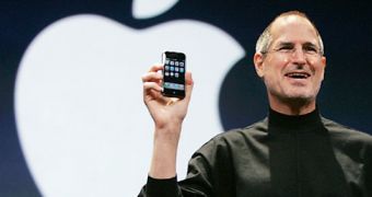 Steve Jobs unveiling the iPhone at Macworld in January, 2007