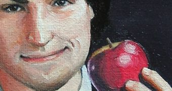 'Steve Jobs and the apple' - reproduced based on an actual photo of young Steve Jobs