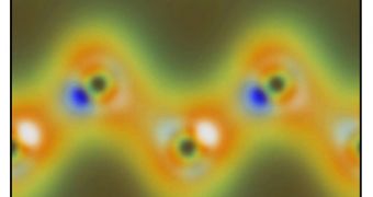 Simulated valence-charge density shows the nuclei of carbon atoms as dark spots