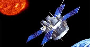 A rendition of the ACE spacecraft studying the solar electron strahl