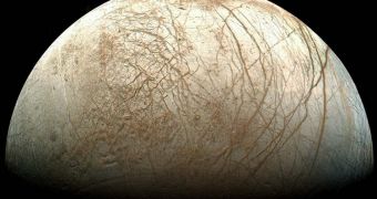 Jupiter's moon Europa is covered in a thick layer of ice, which protects a liquid ocean underneath