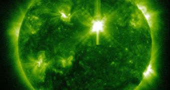 EUV image taken by the Solar Dynamics Observatory, showing a powerful Class X1.5 solar flare on March 9, 2011