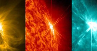 Triple-wavelength composite SDO image of an M9.3-class solar flare the Sun released on March 12, 2014