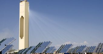 The PS10 Solar Power Plant concentrates sunlight from an array of heliostats onto a central solar power tower; new sunflower-inspired design could revolutionize concentrated solar power (CSP) facilities