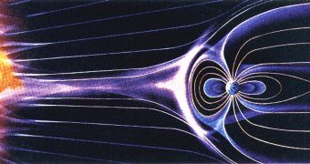 This artist's rendering shows the solar wind as it streaks by Earth