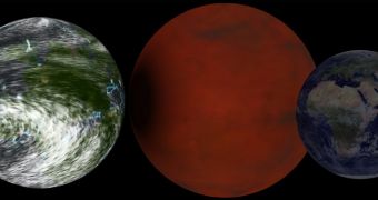 Rendering of two super-Earths, with Earth to the right for comparison