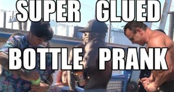 Men struggle to open a water bottle in Super Glue prank