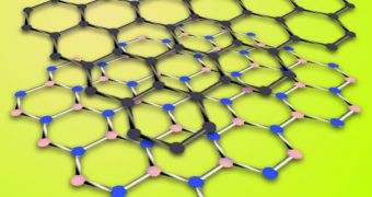 Graphene (top layer) is a hexagonal arrangement of carbon atoms. Hexagonal boron nitride is a similar arrangement of boron and nitrogen atoms whose lattice constant is just 1.7 percent larger