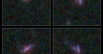 These  four small, young galaxies were imaged in the Hubble Ultra Deep Field region of the Cosmic Assembly Near-infrared Deep Extragalactic Legacy Survey (CANDELS), 10 billion light-years away