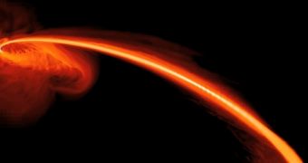 Computer simulation of material ripped from a star flowing into a black hole