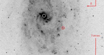 The red circle indicates an object in a distant galaxy that could be an ejected black hole