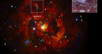 This image shows the location of SN 1957D in the spiral galaxy M83