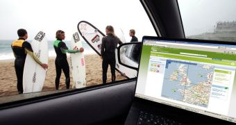 "L-R: Jack Butler, Alan Stokes, Ben Skinner, and Mark Harris get ready to hit the surf in Cornwall, England after checking out Water Watch on MSN UK," the Redmond company stated