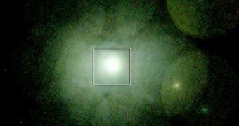 This image from the Japanese Advanced Satellite for Cosmology and Astrophysics shows the X-ray glow of the 100-million-degree Fahrenheit gas that fills the Perseus cluster
