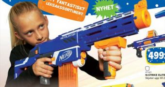 Girl plays with toy gun in Top Toy catalog