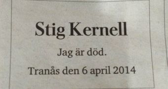 Stig Kernell asked his local funeral agency to publish this message to announce his passing