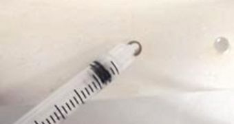 A liquid that solidifies into a bone-like material is injected into a model bone defect through a syringe