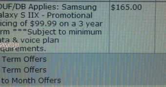 TELUS Galaxy S II X price (internal document)