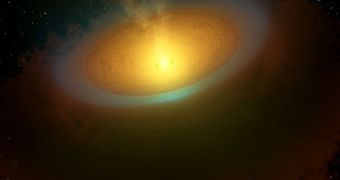 This artist's impression illustrates an icy protoplanetary disc around the young star TW Hydrae, located about 175 light-years away in the Hydra, or Sea Serpent, constellation