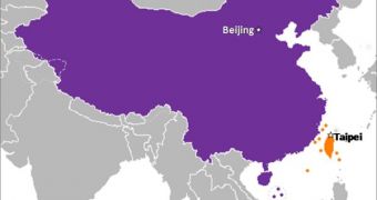 An Asian map shows China (purple) and Taiwan (orange)