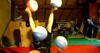 Young woman juggles basketballs using her hands and feet
