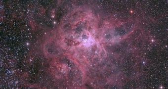 The Tarantula Nebula lies in the Large Magellanic Cloud, a dwarf galaxy orbiting the Milky Way