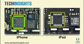 Comparison between iPhone 4 logic board and iPad logic board shows unpopulated spot