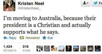 Kristen Neel's tweet describes how she wants to move to Australia, where the president is a Christian man